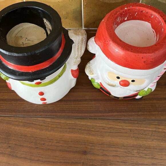 Santa Claus and Snowman Ceramic Candle Holders Christmas - Picture 2 of 9